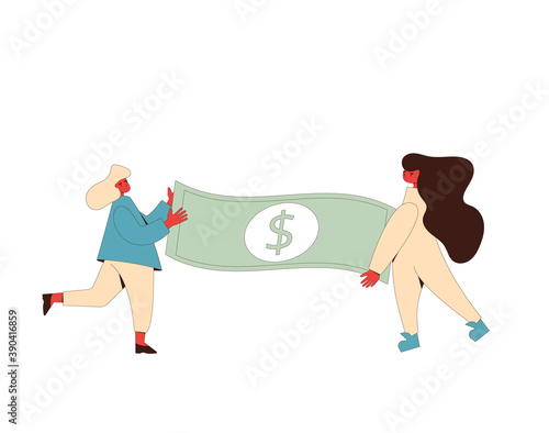 Two girls with money. Adult characters with banknote isolated on white background. Female persons wearing in casual clothes with income. Vector illustration.