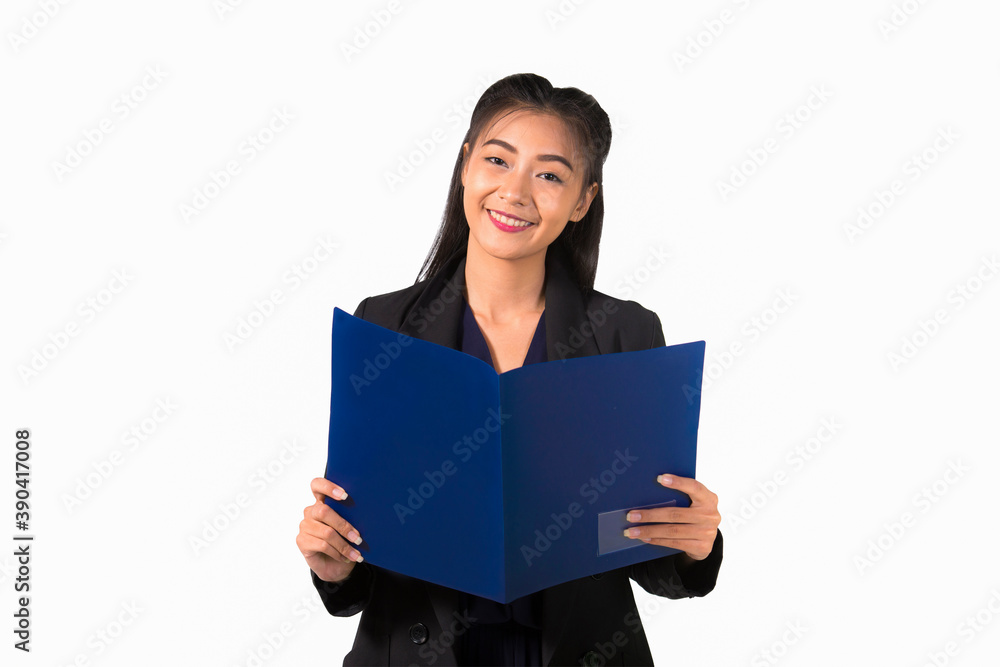 Asian business woman wearing suit, holding documents in hands and looking at camera. isolated Asian business woman wearing suit, holding documents in hands and looking at camera. isolated