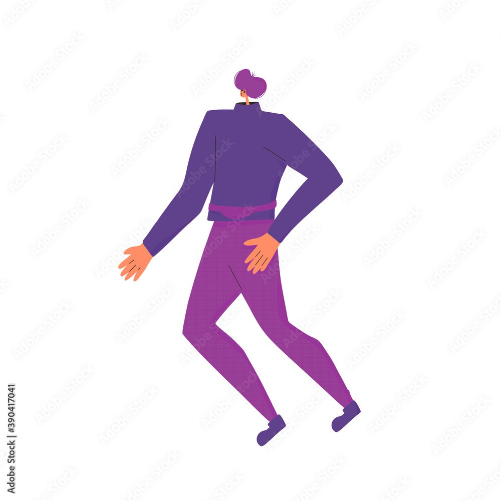 Dancing man. Male character wearing in casual clothes dancing isolated on a white background. Person jumping and have fun. Vector flat illustration.