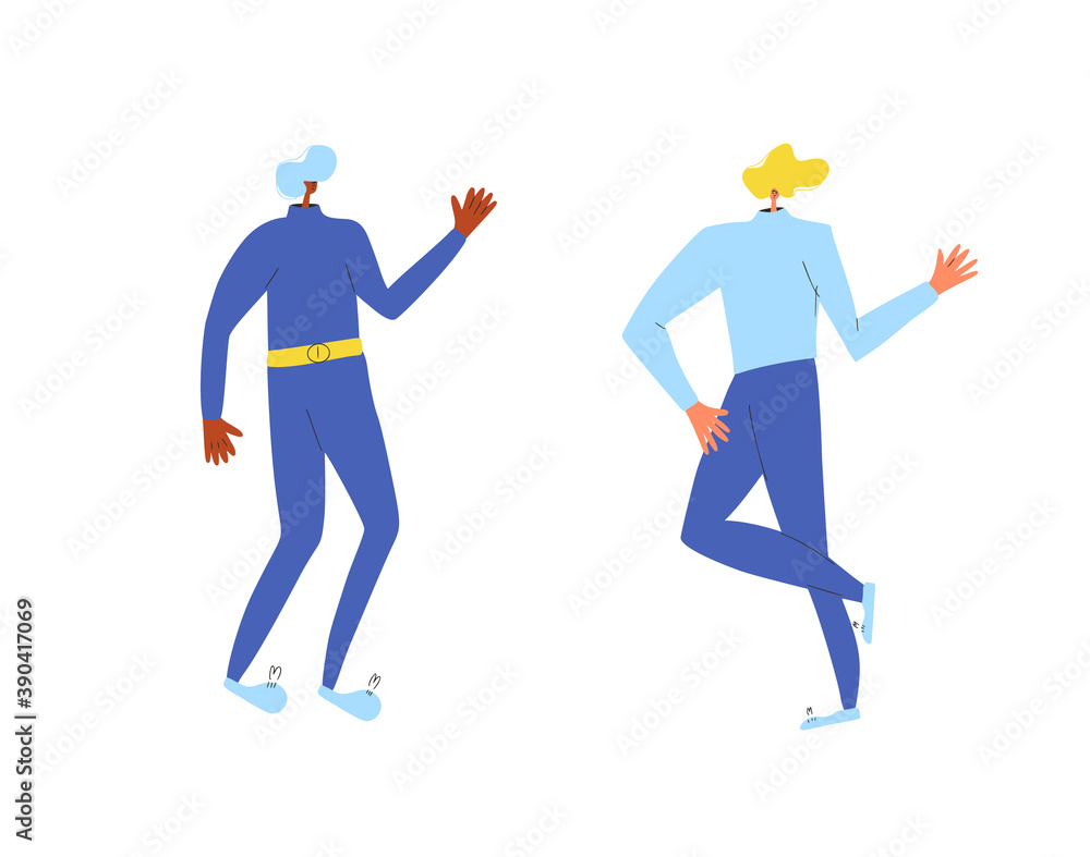 Couple rejoice. Two characters wearing in casual clothes dancing together isolated on a white background. Persons jumping and have fun. Vector flat illustration. Couple rejoice. Two characters wearing in casual clothes dancing together isolated on a white background. Persons jumping and have fun. Vector flat illustration.