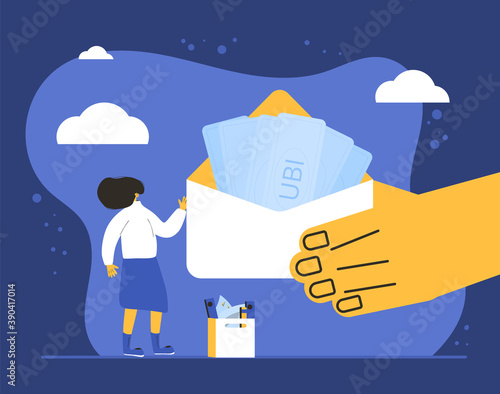 Universal basic income. UBI. Benefit or stipend for people. Unconditional guarantee. Living stipend. Governmental public program for a periodic payment. Financial protection. Vector illustration.