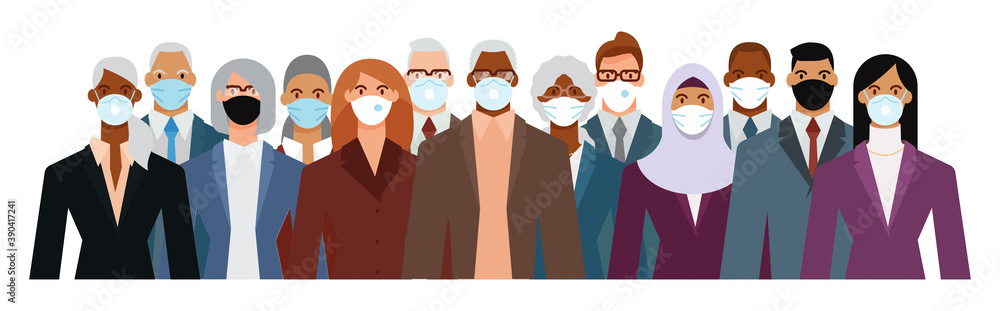 Crowd of diverse business people wearing face mask to protect themselves from the epidemic. Flat design vector illustration. Crowd of diverse business people wearing face mask to protect themselves from the epidemic. Flat design vector illustration.