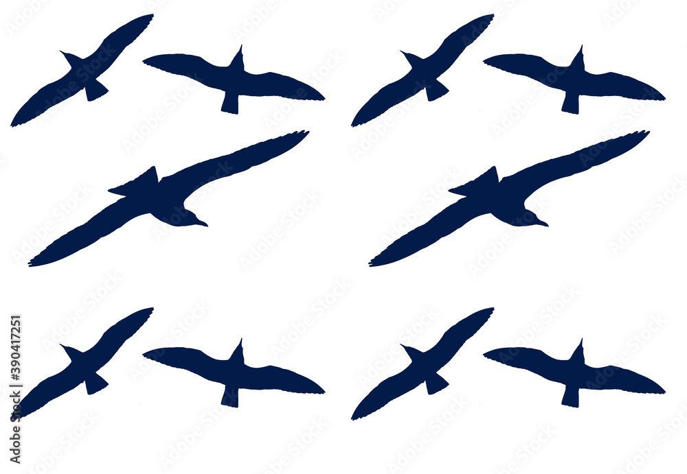 Fototapeta premium Blue seagulls isolated on white, seamless pattern, vector isolated