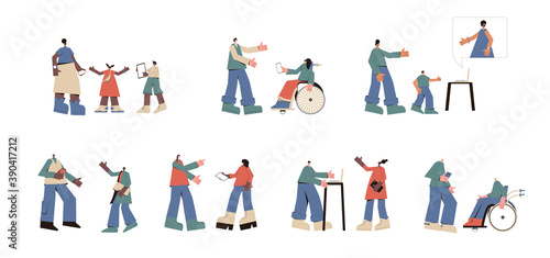 Set of people with gadgets. Adult and childrens characters with their phones, tablets, laptops, computers isolated on white background. Female and male persons communications collection.