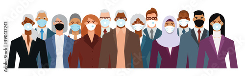 Crowd of diverse business people wearing face mask to protect themselves from the epidemic. Flat design vector illustration.