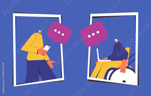 Online communication concept. Virtual connection. Mature characters with phone and laptop talking. Senior man and woman wearing in casual clothes text a message each other. Vector illustration.