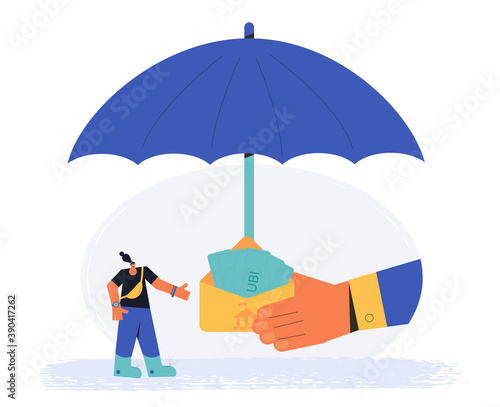 Universal basic income. UBI. Benefit for people. Unconditional guarantee. Living stipend. Governmental public program for a periodic payment. Financial protection during pandemic. Vector.