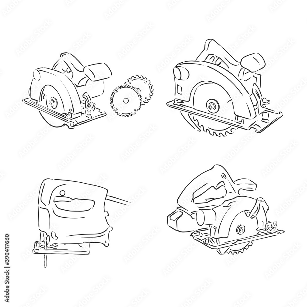 Obraz premium Sketch line Electric circular saw with steel toothed disc icon isolated on white background. Electric hand tool for cutting wood or metal.