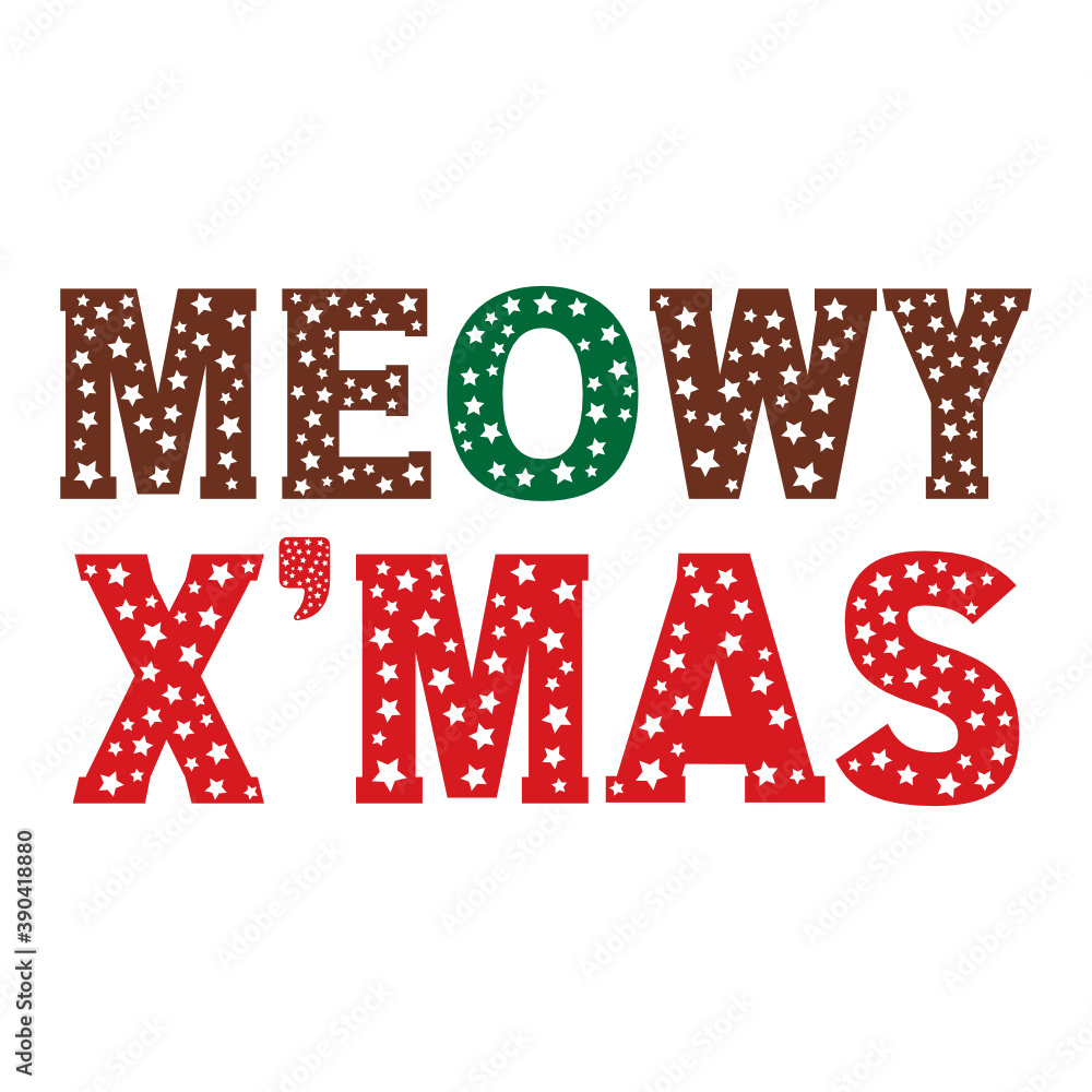 Merry Christmas text. Meowy X'mas Star Text. Christmas Display Lettering. Xmas text isolated on white for postcard, poster, banner design element.