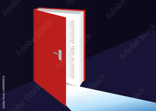 Concept de la connaissance avec un livre qui s’ouvre comme une porte ouverte sur le savoir symbolisé par la lumière.
