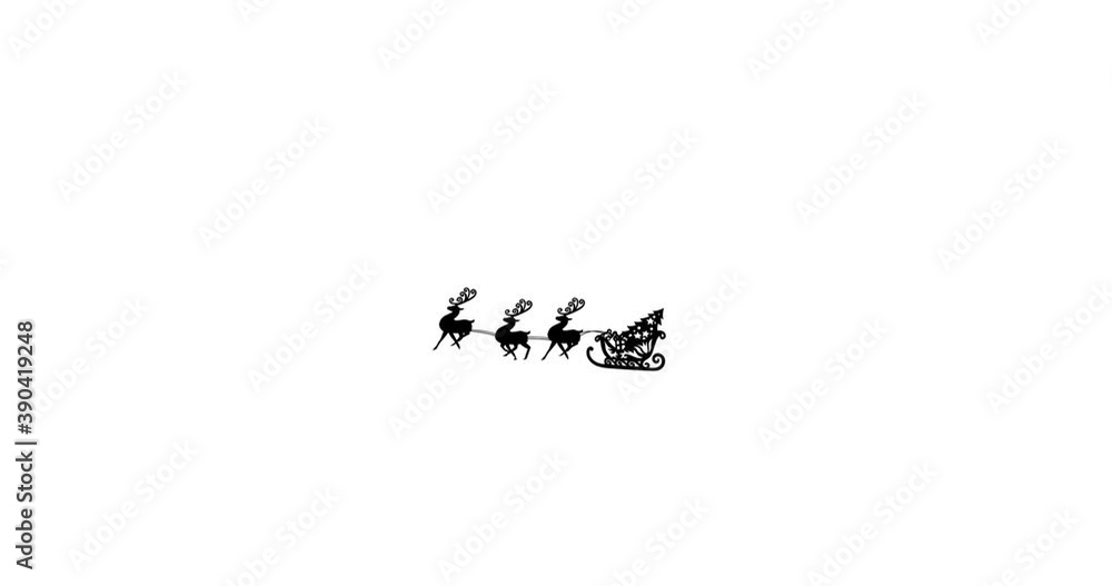Digital animation of black silhouette of christmas tree in sleigh being pulled by reindeers against Digital animation of black silhouette of christmas tree in sleigh being pulled by reindeers against