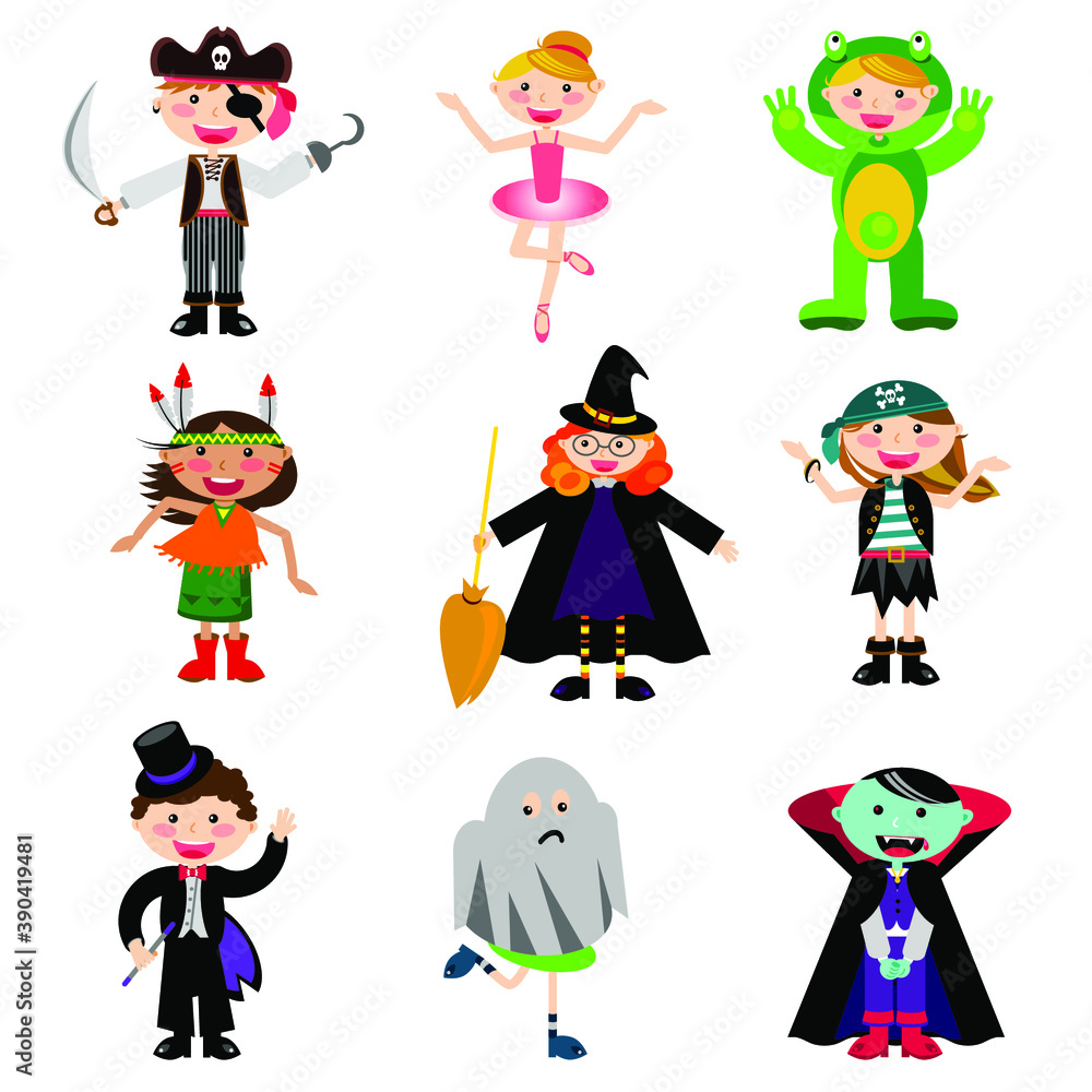 Kids wearing different halloween costumes