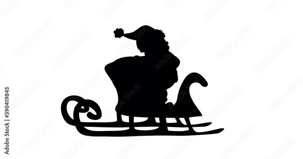 Digital animation of black silhouette of santa claus in sleigh against white background