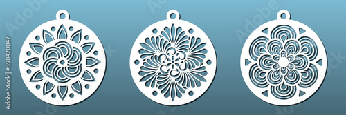 Laser cut coasters, Christmas balls. CNC cutting  decorative elements . Paper art , wall decor, metal or wood carving, fretwork, leather or resin. Mandalageometric pattern. Vector set of stencils.