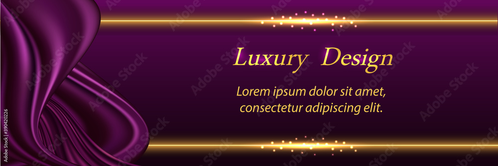 Luxury background with silk purple wavy swirl and golden border lines. Smooth satin fabric texture and glowing gold. Trendy design for banner or poster. Vector illustration Luxury background with silk purple wavy swirl and golden border lines. Smooth satin fabric texture and glowing gold. Trendy design for banner or poster. Vector illustration