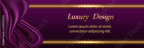Luxury background with silk purple wavy swirl and golden border lines. Smooth satin fabric texture and glowing gold. Trendy design for banner or poster. Vector illustration