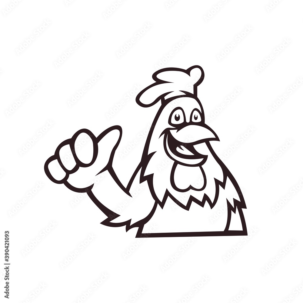Fototapeta premium Rooster mascot logo outline version. Chicken logo in black and white. Fried chicken restaurant mascot logo template