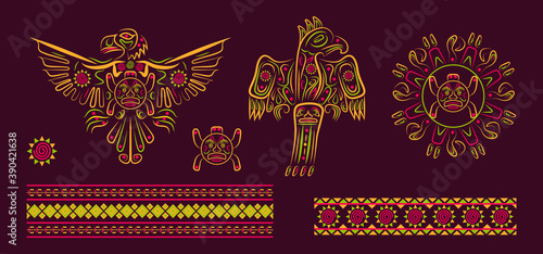 Latino American poncho ornament vector for greeting card. Parrot, cockatoo, eagle, toucan illustration embroidery. National Hispanic Heritage Month.