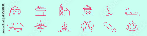 set of christmas line icon. cartoon design template with various models. vector illustration isolated on blue background