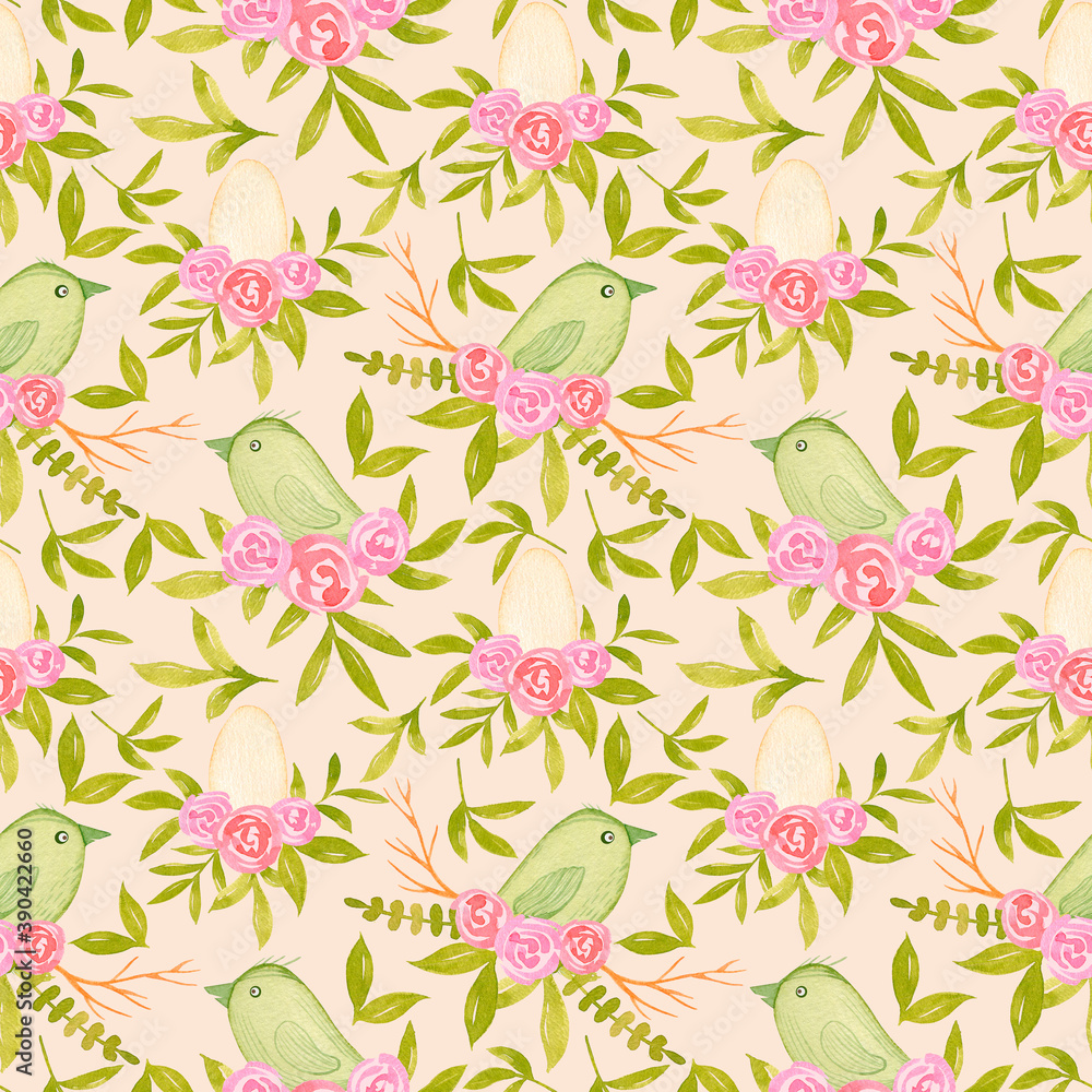 Watercolor green Easter birds with floral bouquets seamless pattern. Hand drawn spring background for fabric prints, textile, greeting cards, invitations.