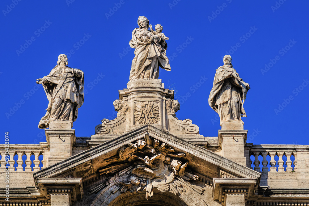 Basilica of Saint Mary Major (Basilica di Santa Maria Maggiore, 1743) - Papal major basilica and largest church in Rome dedicated to Blessed Virgin Mary. Italy. Fragments of the facade. Rome, Italy.