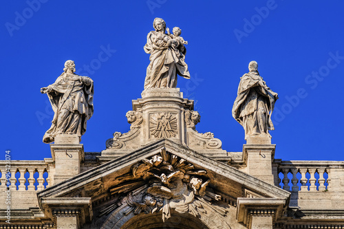 Basilica of Saint Mary Major (Basilica di Santa Maria Maggiore, 1743) - Papal major basilica and largest church in Rome dedicated to Blessed Virgin Mary. Italy. Fragments of the facade. Rome, Italy.