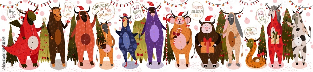 Set of all 12 zodiac animals of the Chinese calendar at the pajama party in the New Year of the bull 2021.Hand drawn style New Year -animals, calligraphy, and other elements. Vector illustration. Set of all 12 zodiac animals of the Chinese calendar at the pajama party in the New Year of the bull 2021.Hand drawn style New Year -animals, calligraphy, and other elements. Vector illustration.
