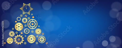 Christmas tree made of golden cogwheels and snowflakes. Long web format for banner with space for text