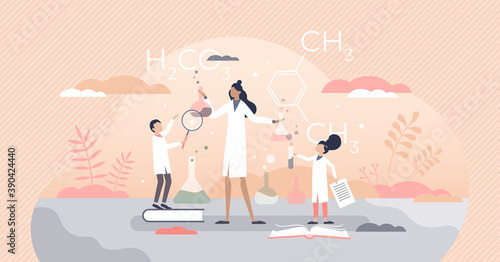 Kids science scene with chemistry teacher in laboratory tiny person concept