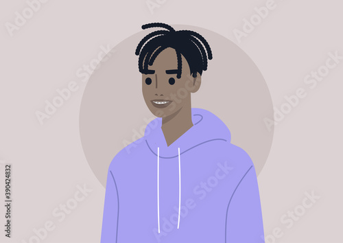 A young male Black character wearing teeth braces, a beautiful smile, dental care