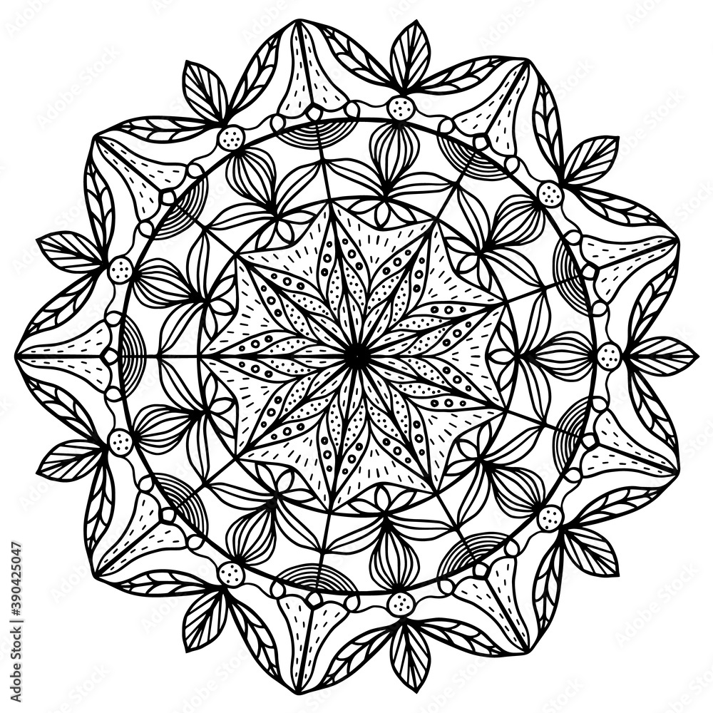 Hand drawn mandala pattern for coloring book, black outline, vector illustration
