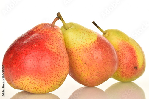 Ripe organic yellow-red pears, close-up, isolated on white.