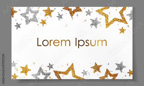 Banner with stars from gold  silver sparkles  glitter and space for text on white paper with shadow. Vector illustration. Elements for poster  wedding  invitation  diploma  party  web  cards.
