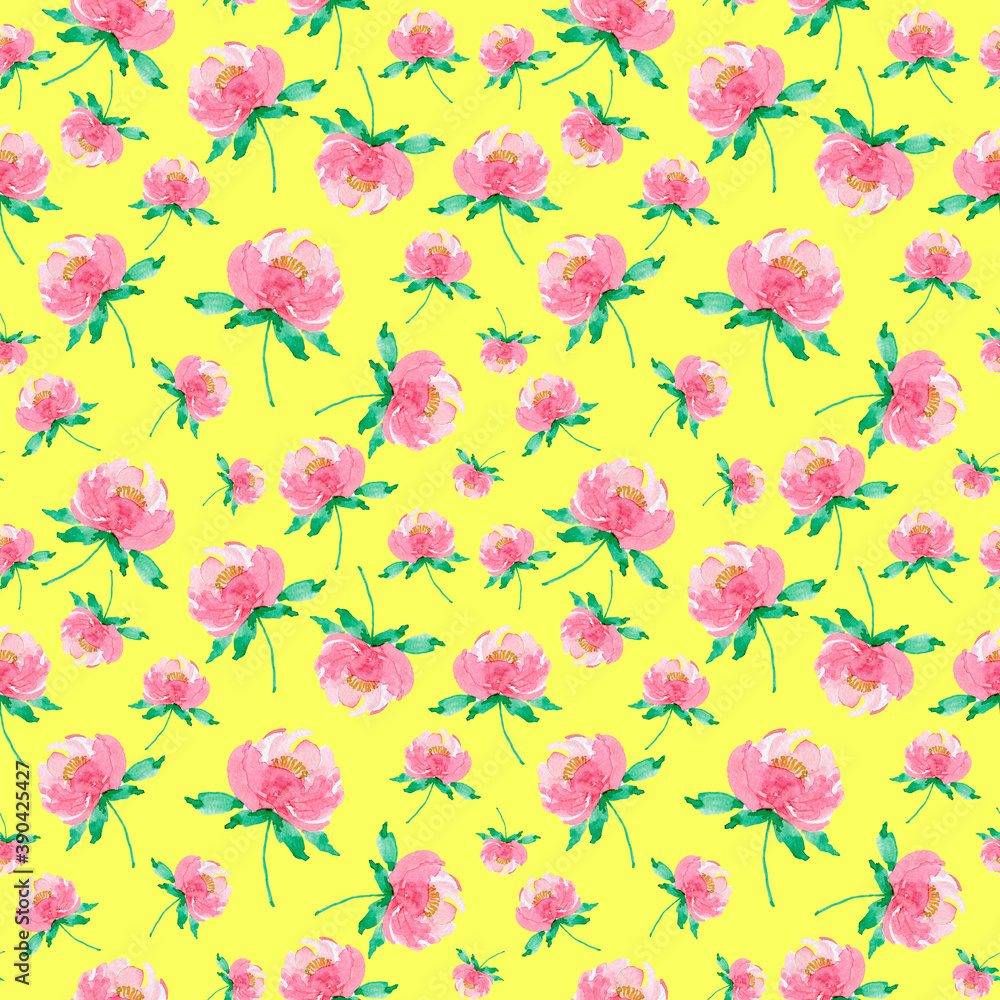 Seamless pattern with pastel pink peonies on yellow background. Template, fabric, textile, scrapbooking, wrapping.