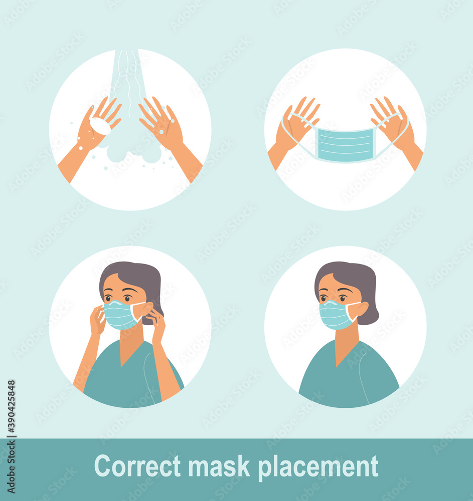 How to wear medical mask properly. Step by step infographic illustration of how to wear a surgical mask. How to wear medical mask properly. Step by step infographic illustration of how to wear a surgical mask.