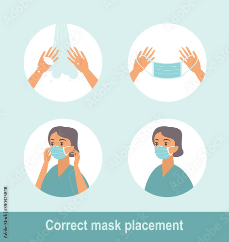 How to wear medical mask properly. Step by step infographic illustration of how to wear a surgical mask.
