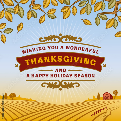 Retro Thanksgiving Greeting Card. Editable EPS10 vector illustration in woodcut style with clipping mask and transparency.
