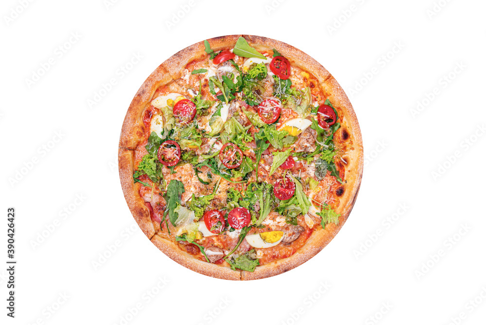 Round appetizing pizza isolated on a white background. Round appetizing pizza isolated on a white background.