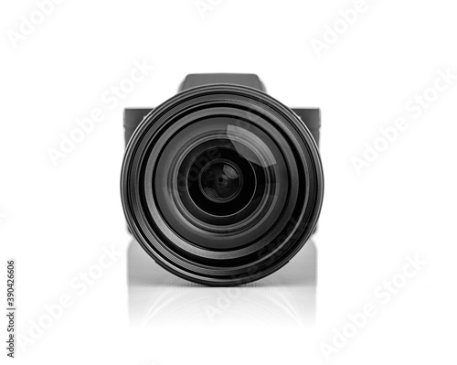 Black photo camera isolated on white background. photo