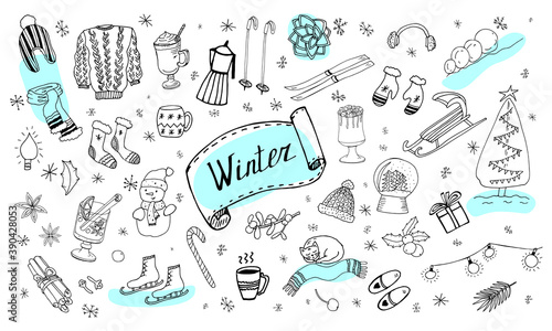 Set of winter doodles. Hand drawing styles winter items. Winter elements drawn in a doodled style. Winter doodles collection.