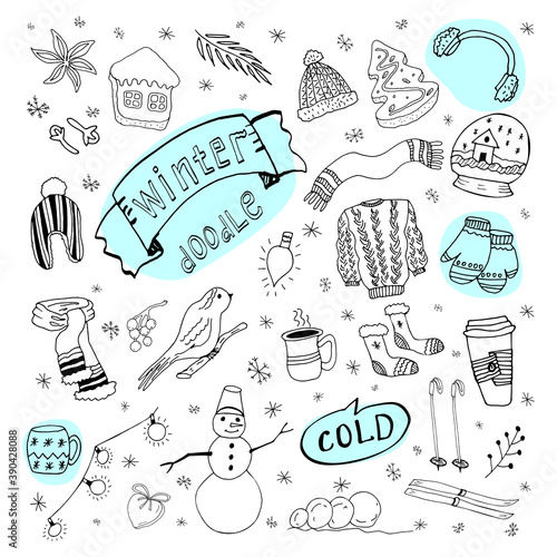Set of winter doodles. Hand drawing styles winter items. Winter elements drawn in a doodled style. Winter doodles collection.