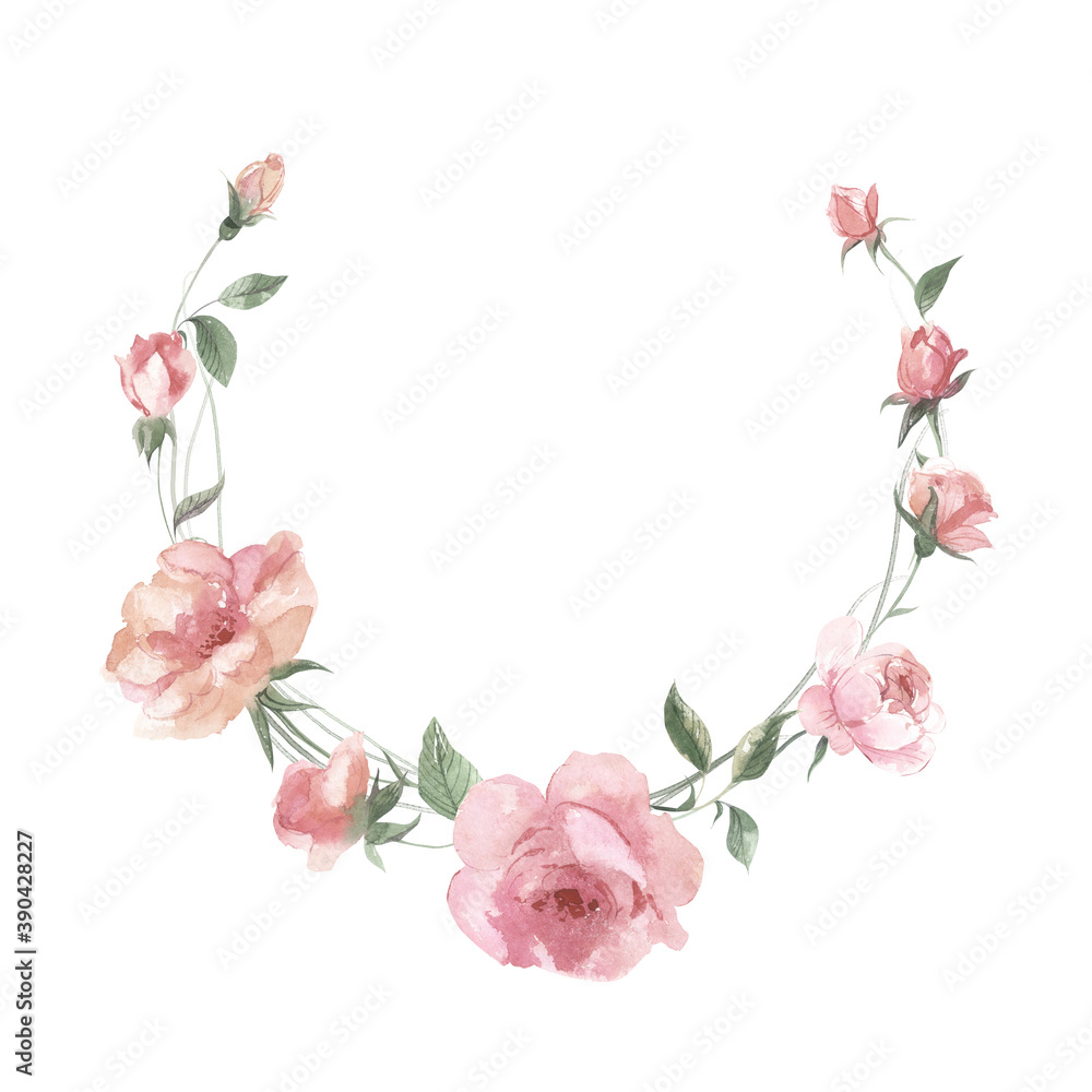 Watercolor roses. Watercolor frame with hand drawn roses isolated on white background.