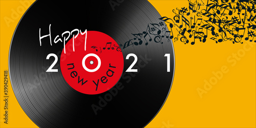 Carte de vœux pour l’année 2021 sur le concept de la musique, avec pour symbole un disque vinyle et une banderole de note qui s’envolent.