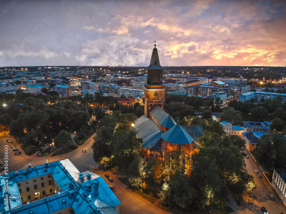 Dramatic Skyline Aerial Over Turku Cathedral During Sunset
