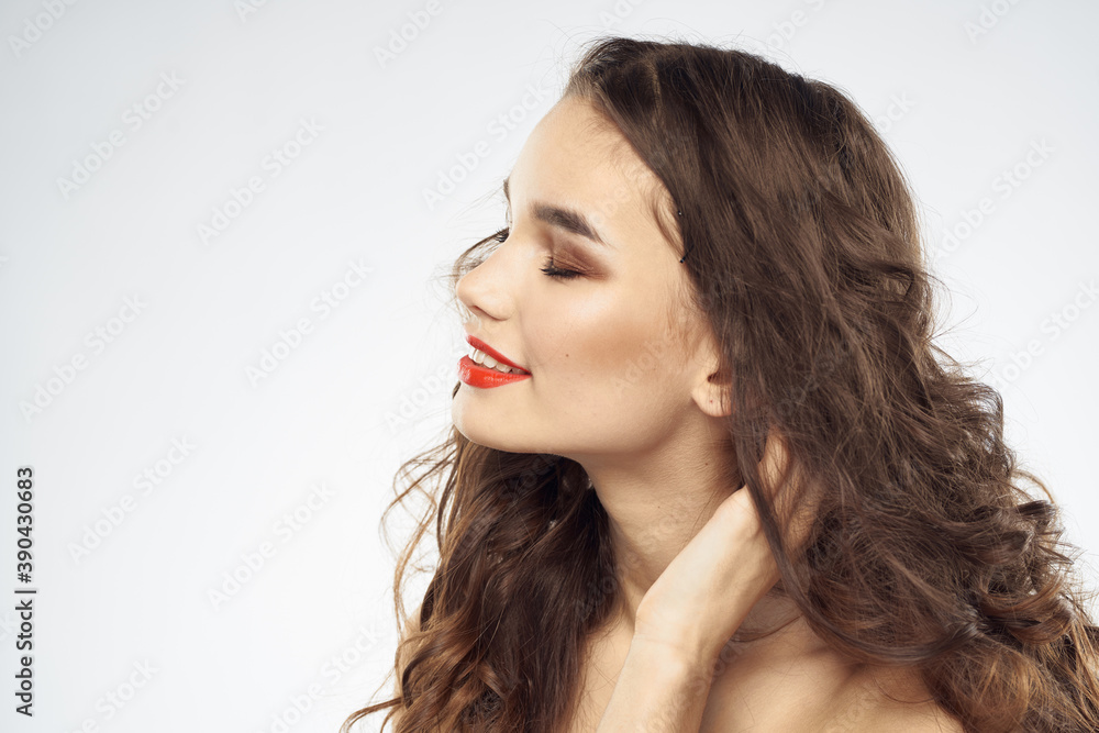 Elegant woman with bare shoulders red lips glamor attractive look cropped look Elegant woman with bare shoulders red lips glamor attractive look cropped look