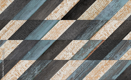 Dark grunge wooden wall with geometric pattern. Old wood texture. Wooden background.