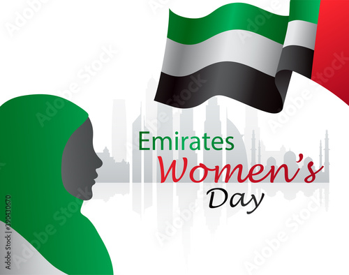 Concept for national womens day in the arab emirates. Silhouette of a beautiful Muslim woman in a hijab on the background of the flag. Flat cartoon vector illustration.