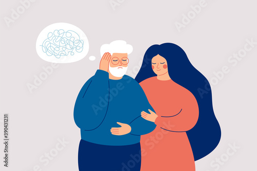 Senior man has dementia or amnesia. Nurse or social worker supports mature male with a mental disorder. Memory loss concept. Vector illustration photo