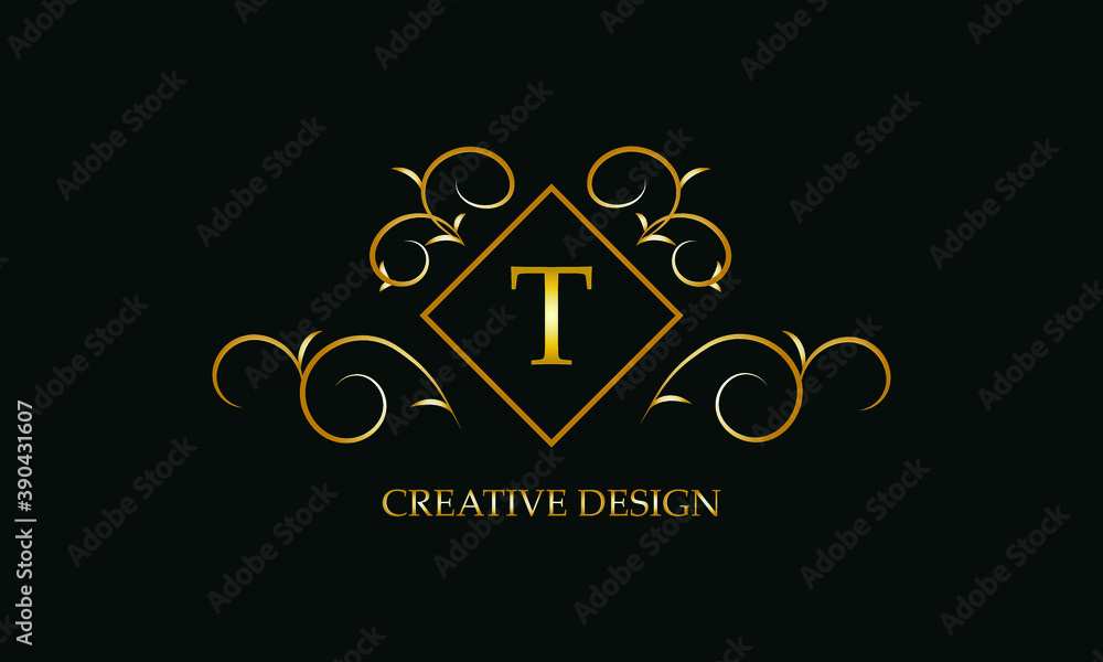 Logo design with monogram element and letter T on dark background. Gold ornament for restaurant, club, boutique, cafe, hotel, business cards.
