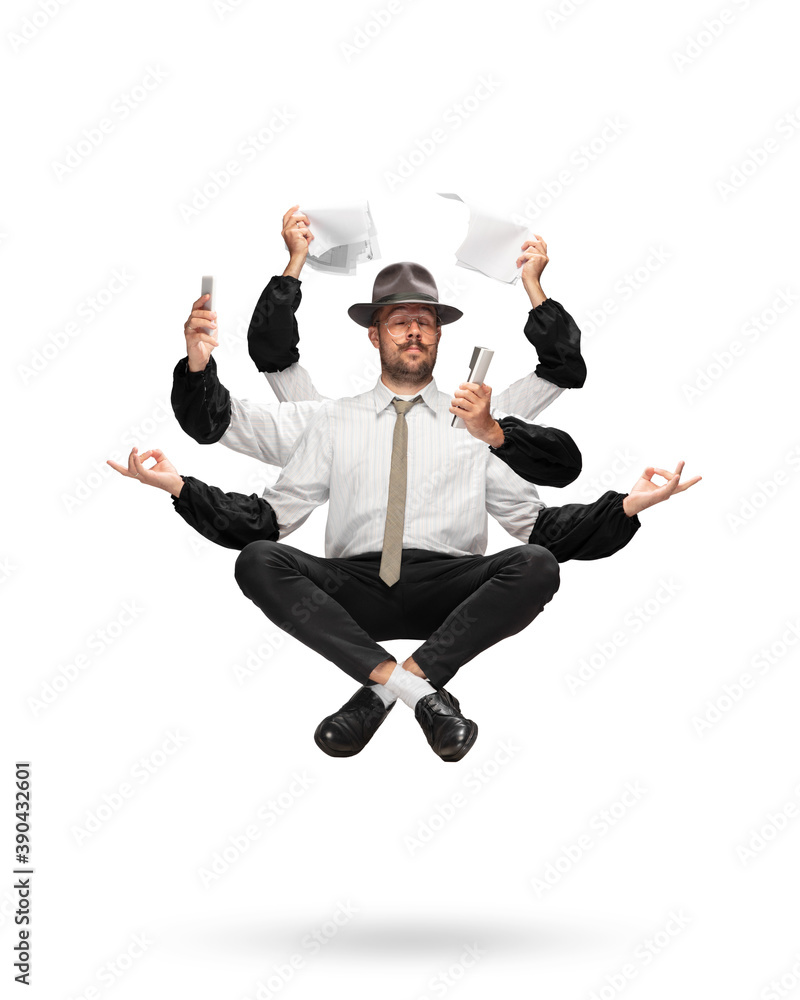 Handsome journalist, multi-armed correspondent levitating isolated on yellow studio background with equipment. Concept of professional occupation, work, job, time management. Multi-task like Shiva. Handsome journalist, multi-armed correspondent levitating isolated on yellow studio background with equipment. Concept of professional occupation, work, job, time management. Multi-task like Shiva.